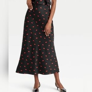 a new day Black Satin Midi Skirt with Red Lips